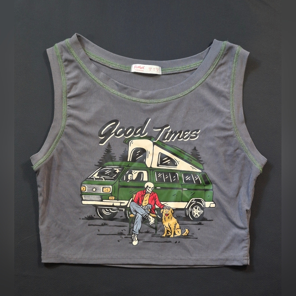 Romwe "Good Times" Graphic Print Grey Crop Top Tank Top Women's Size US M